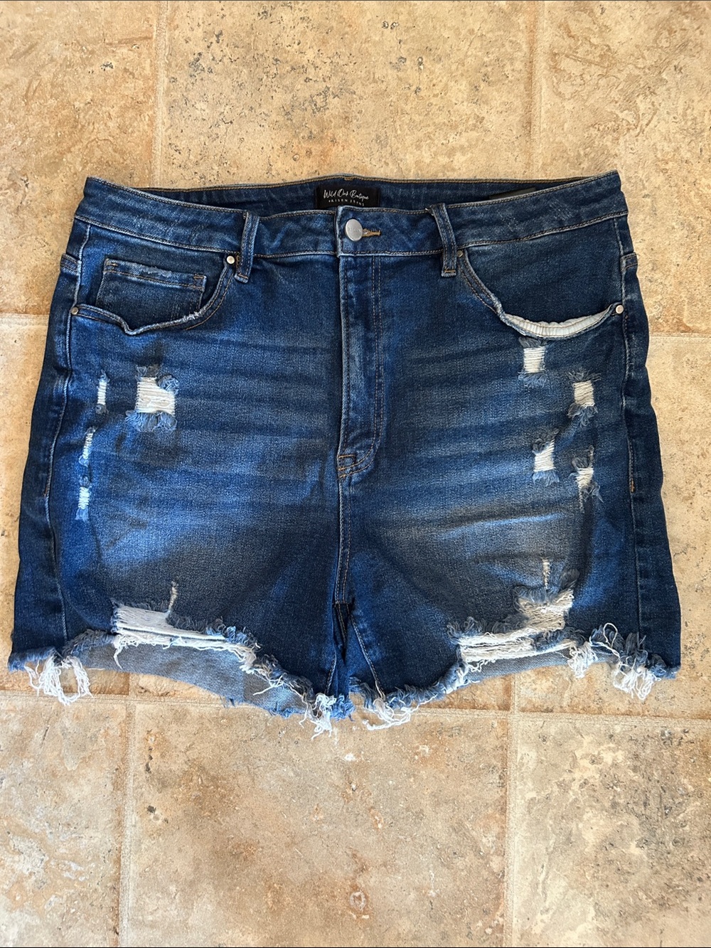 High-Rise Distressed Dark Blue Denim Shorts